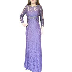 Adrianna Papell Floral Lace Illusion Mermaid Gown Beaded Violet Women's 8